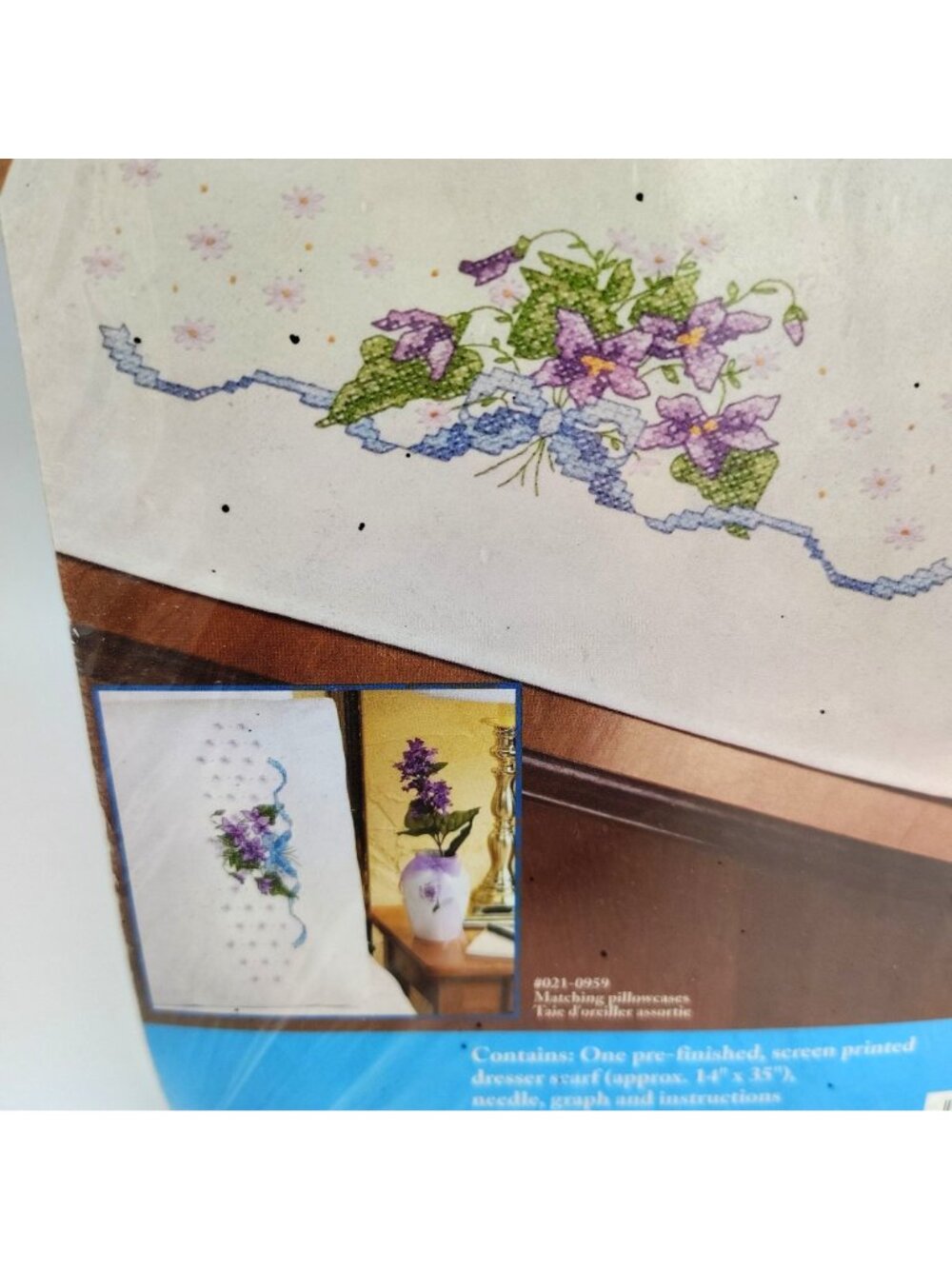 Dresser Scarf Embroidery Kit Janlynn Violets 14x35 Needlework USA Crafting - Picture 2 of 6